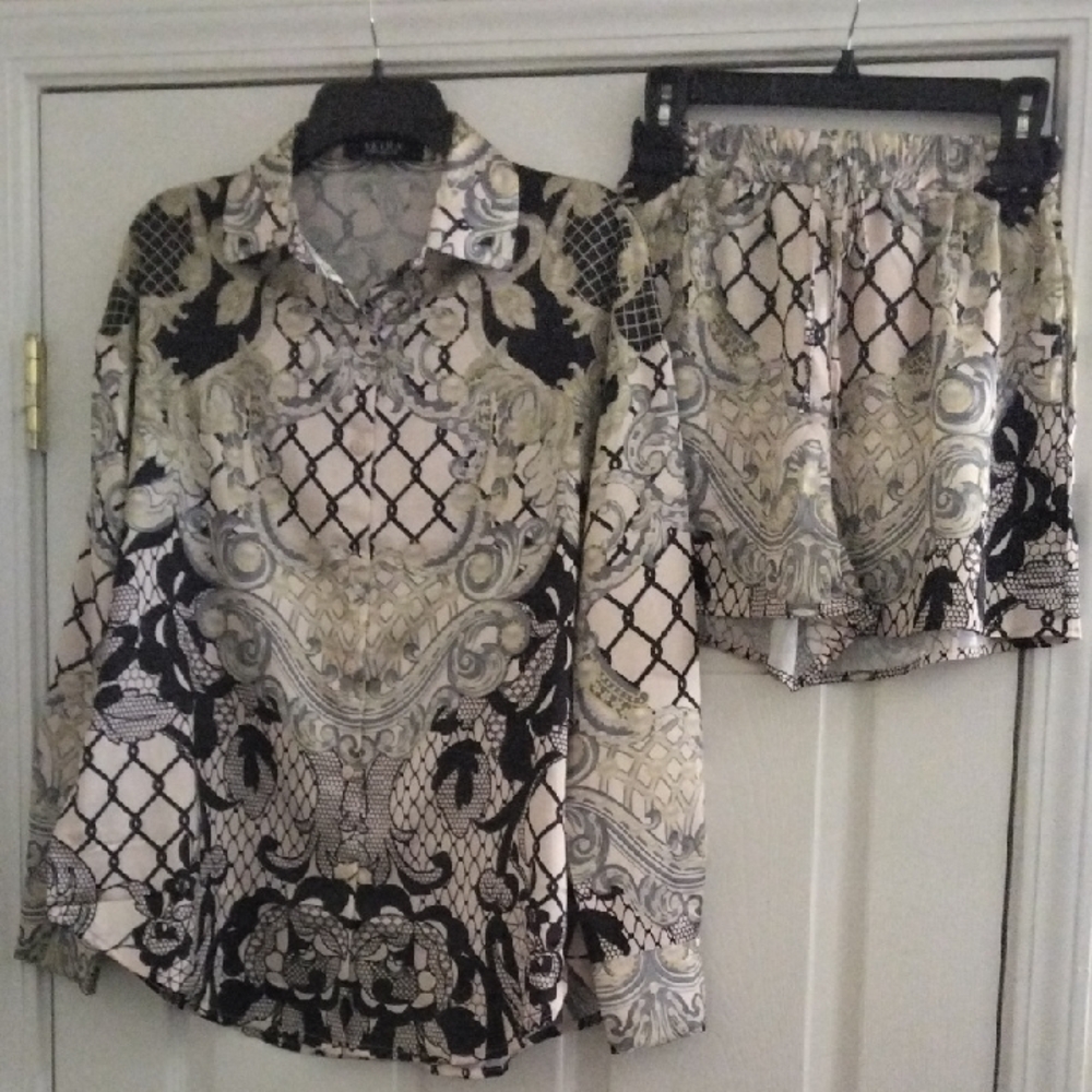Silky Printed Button-Up Top in Black & Cream - Versace Style